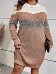  Colorblock Crew Neck Midi Sweater Dress