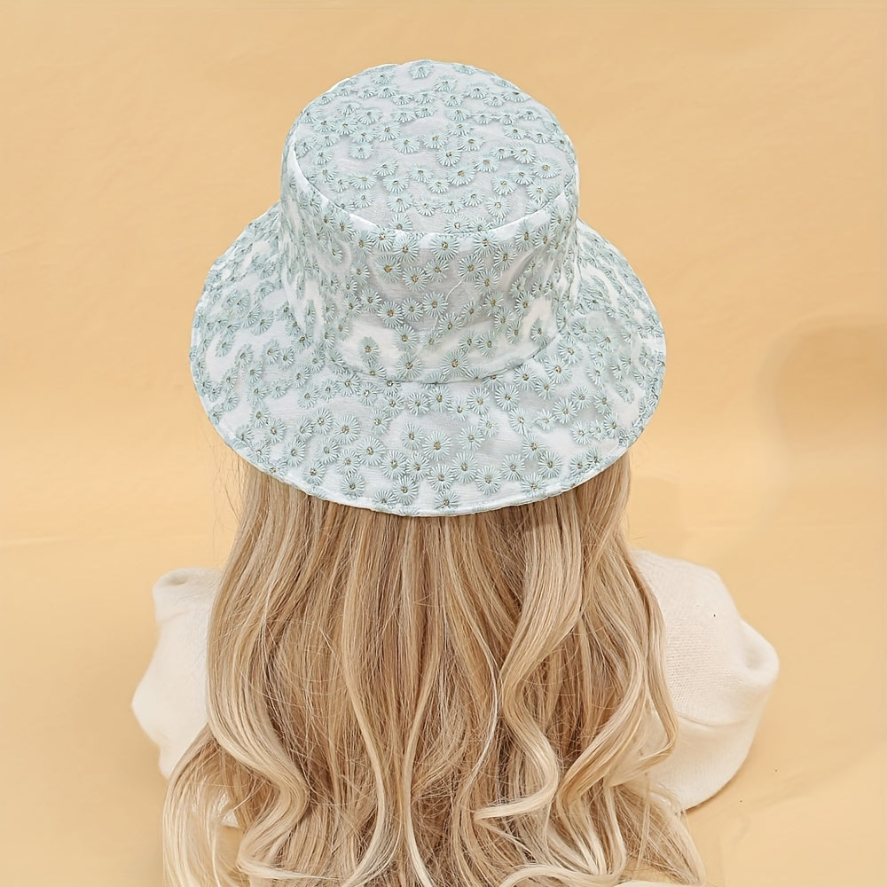 Flower Embroidery Bucket Hat Mesh Breathable Lightweight Sun Hats
