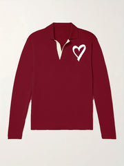Heart Pattern Knit Polo Shirt Men's Casual Lapel Middle Stretch V Neck Pullover