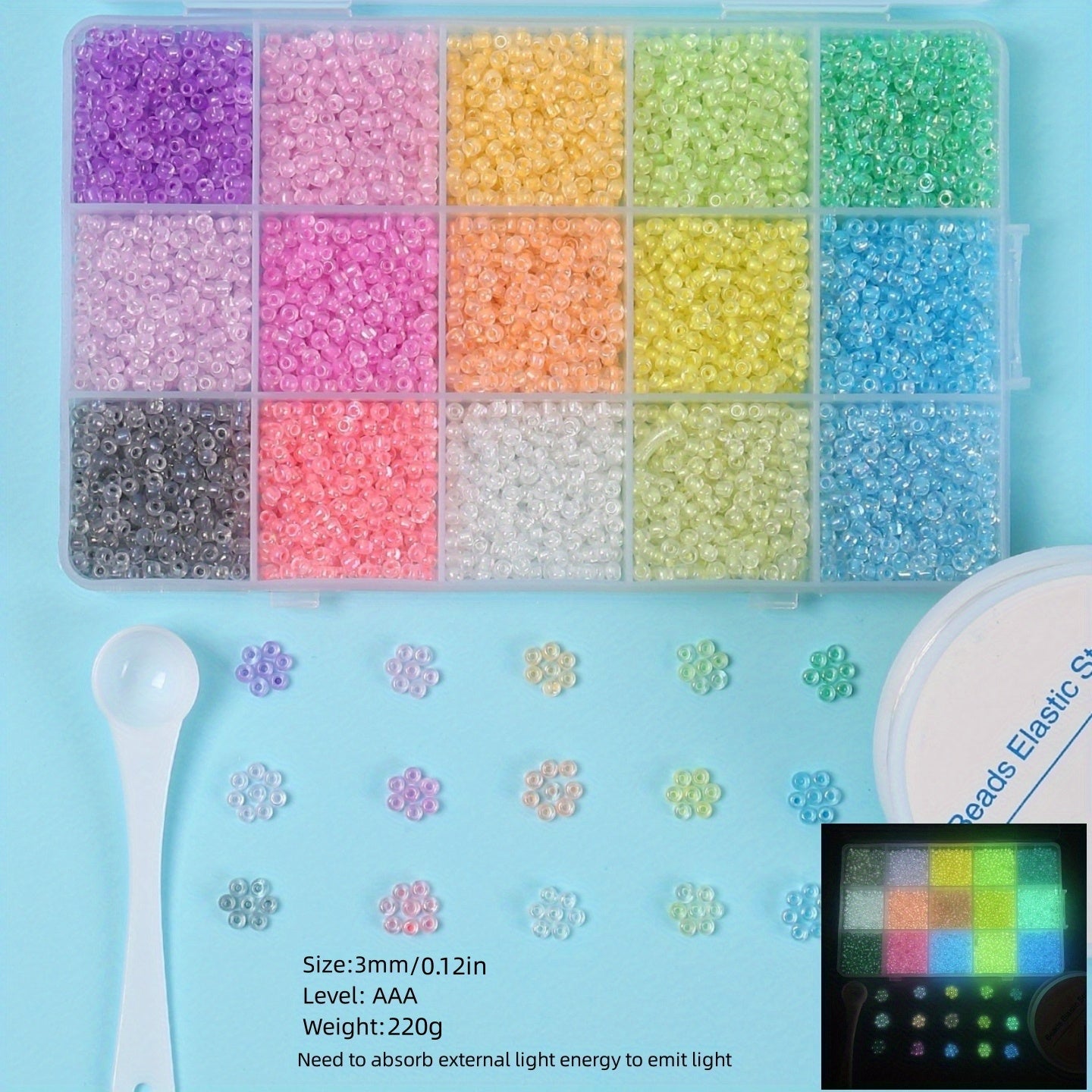 15 Colors 3mm Macaroon Seed Beads & Elastic Thread Set