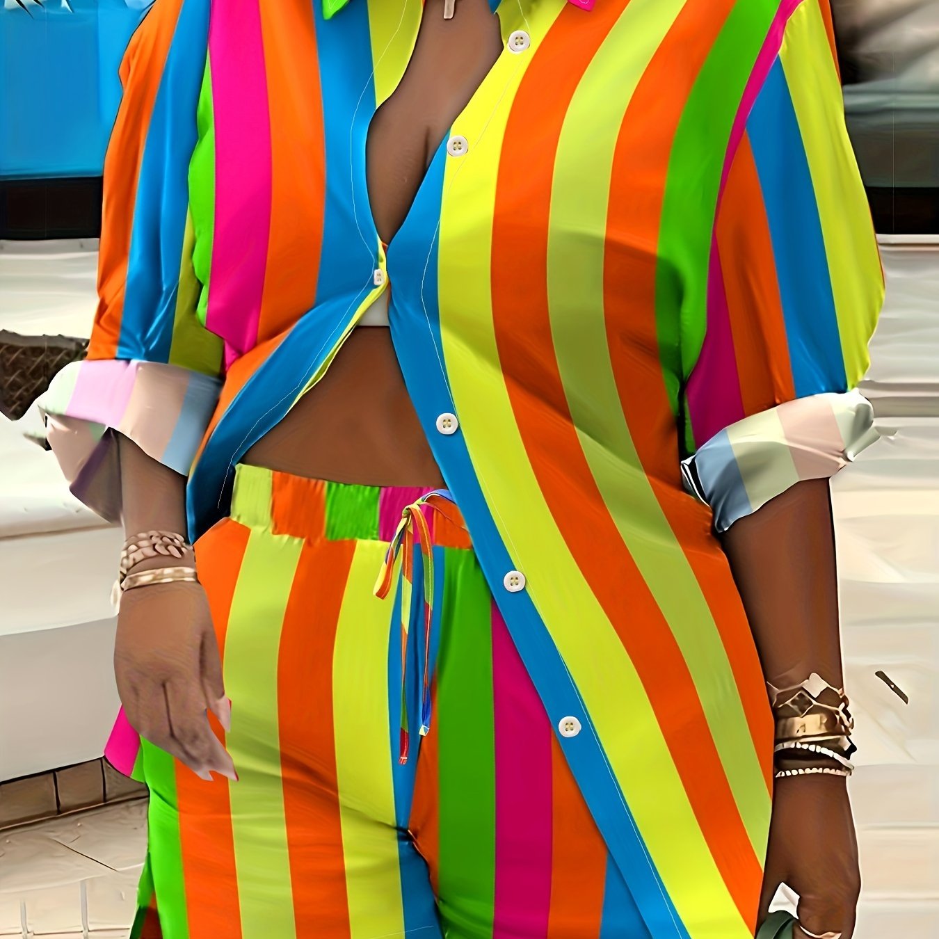  Stripe Print Long Sleeve Shirt & Shorts Set