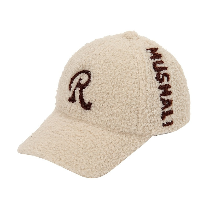 Embroidered R Letter Hat Winter Thickened Warm Wool Baseball Cap