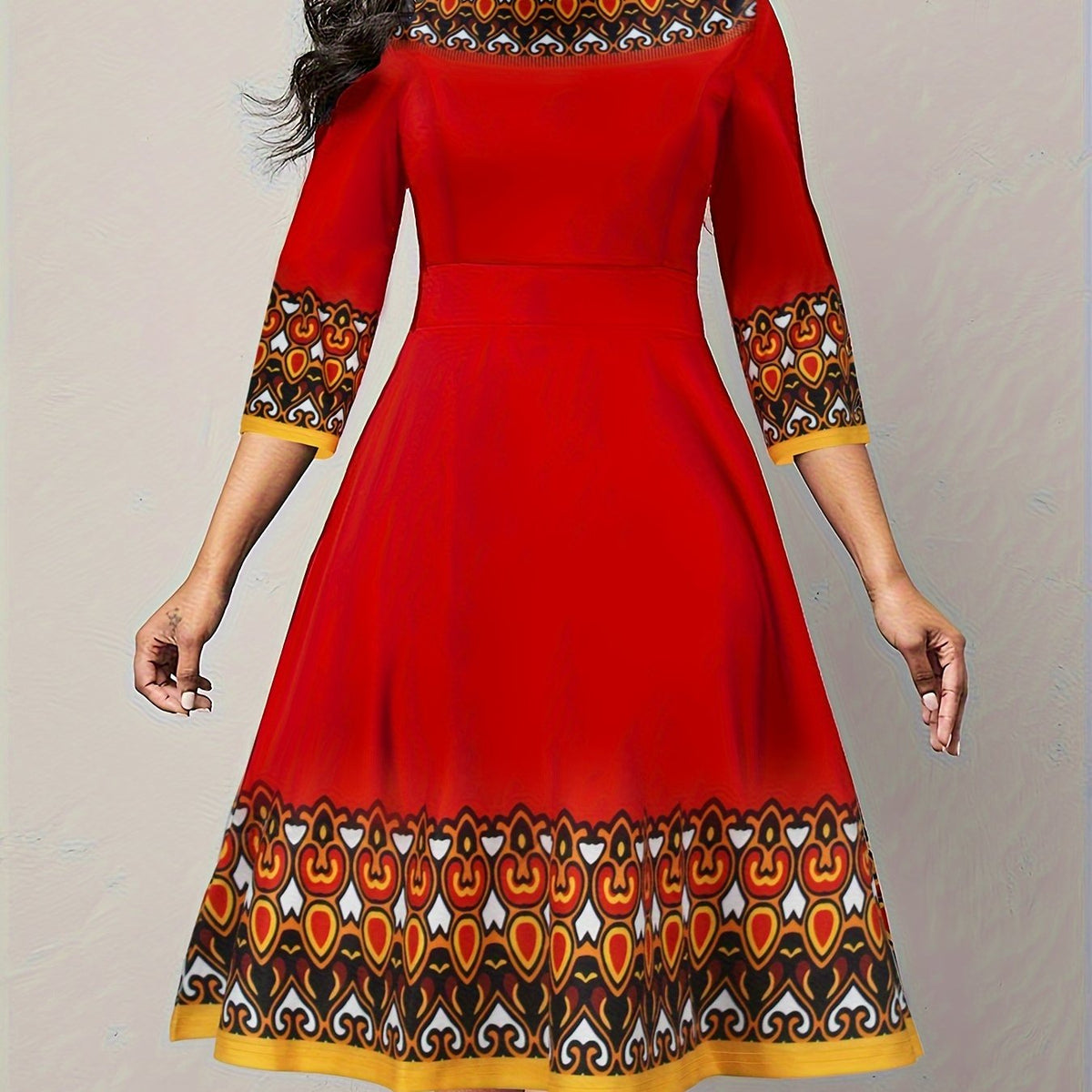  Colorblock Graphic Print Round Neck Dress
