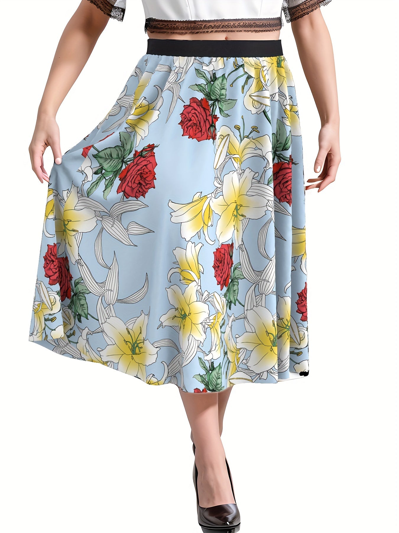  Skirt Women's Plus Rose & Lily Print Elastic High Waist Skirt