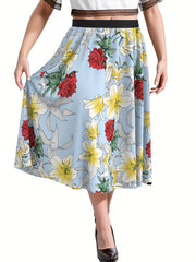  Skirt Women's Plus Rose & Lily Print Elastic High Waist Skirt