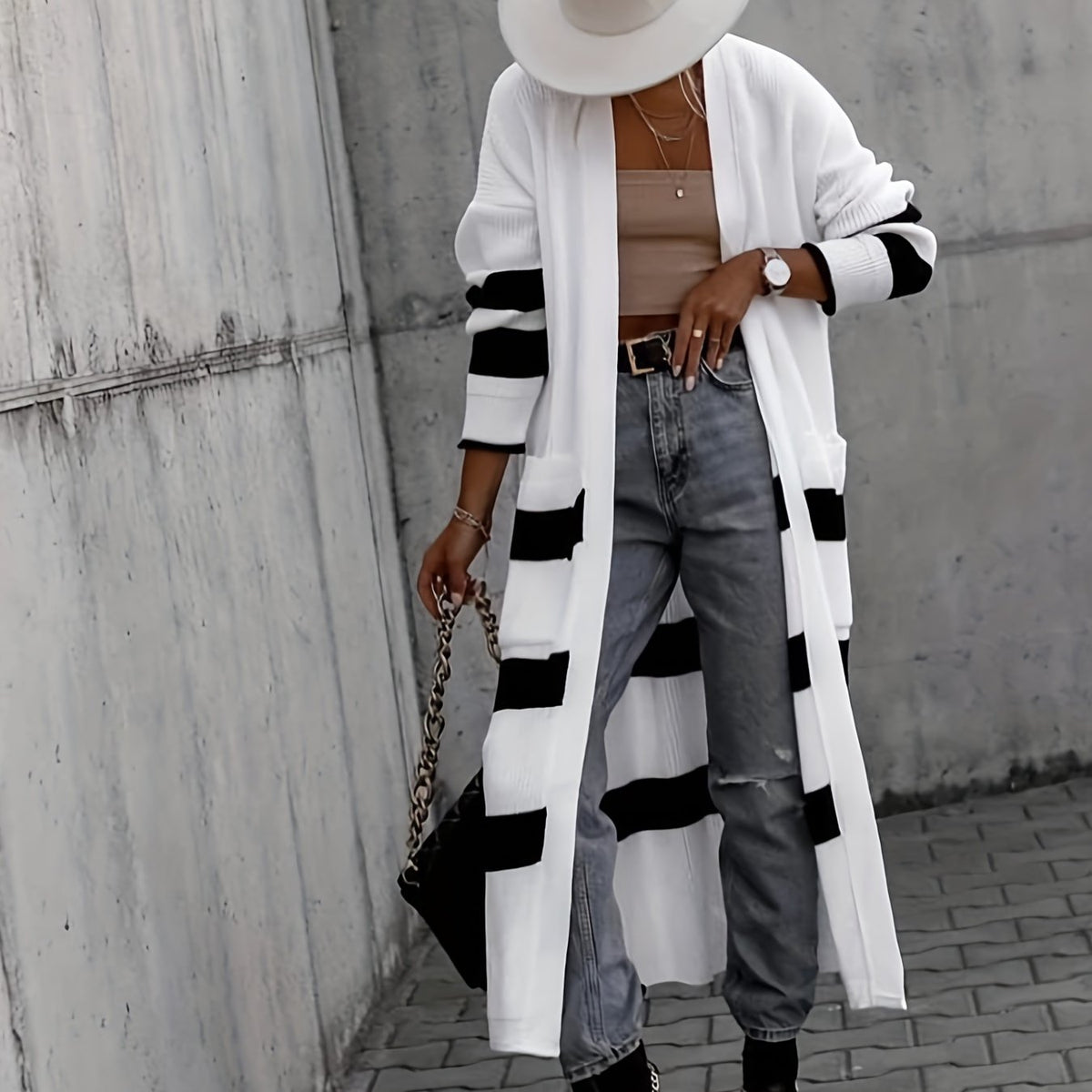 Women's Plus Size Striped Open Front Cardigan