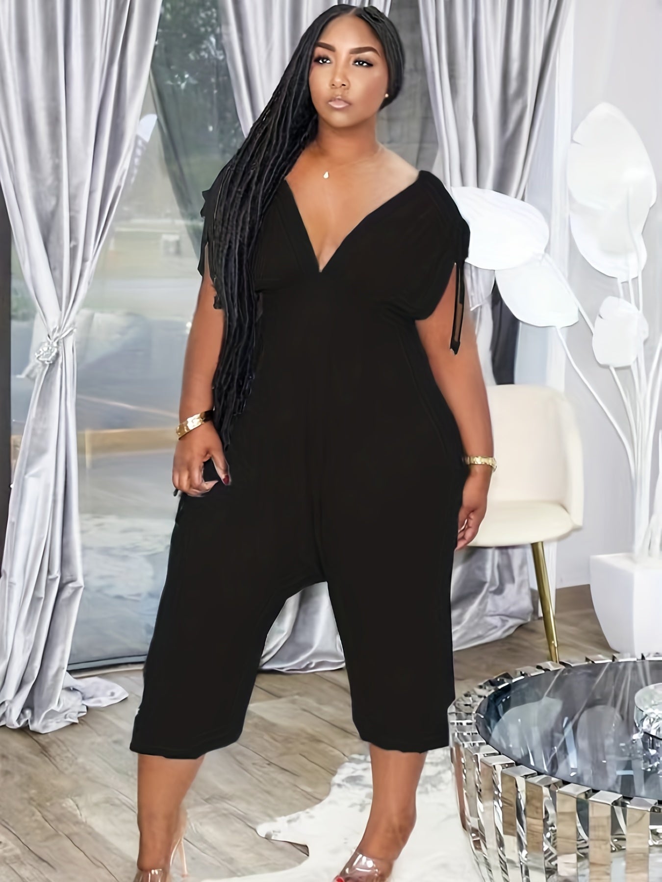 Plunge Neck Ruched Jumpsuit Wide Leg Cropped Jumpsuit