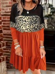  Colorblock Leopard Print Long Sleeve Smock Dress