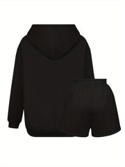 Women's Plus Letter Print Hoodie & Shorts Set