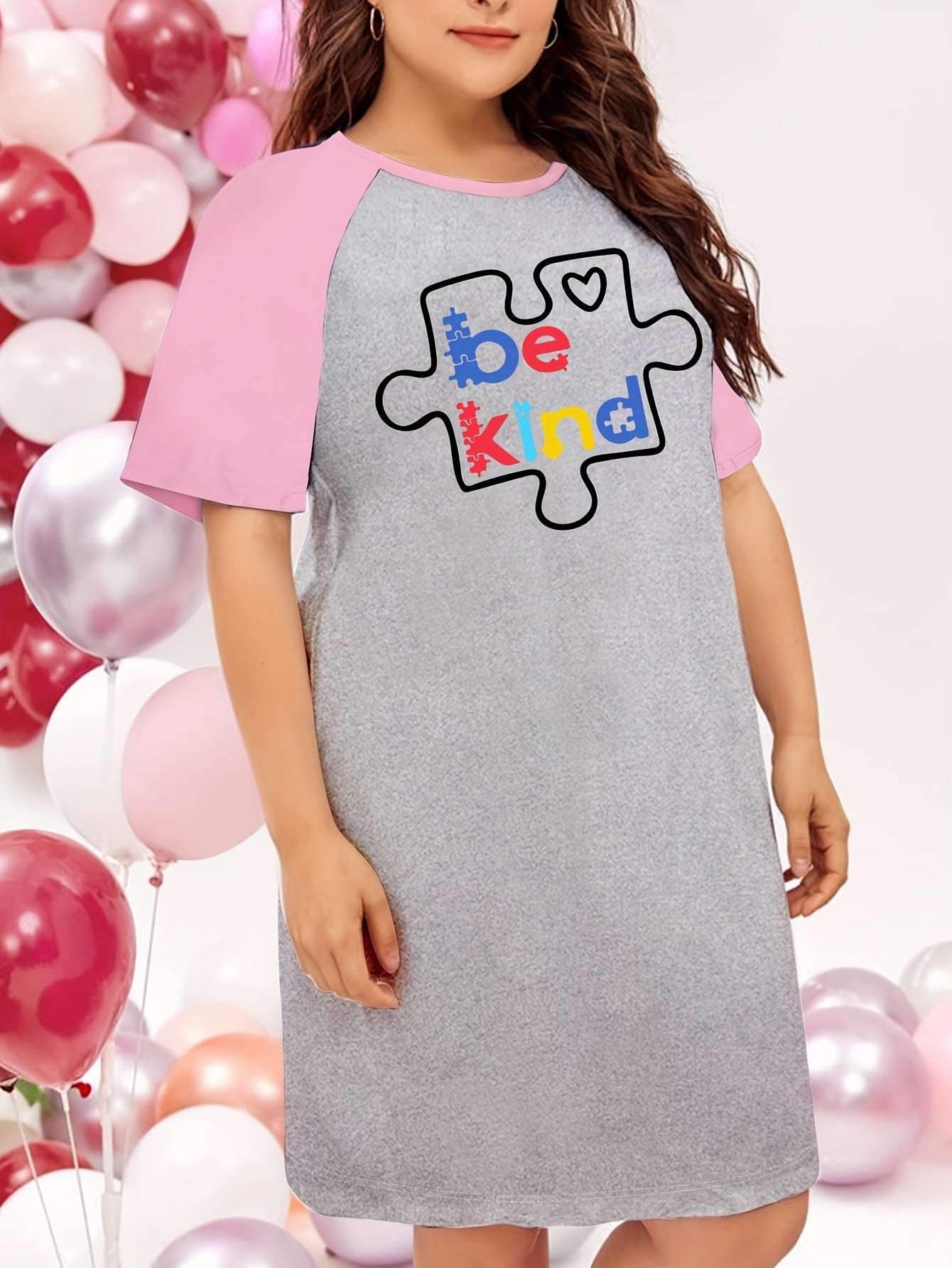  Casual Nightdress Women's Plus Puzzle & Slogan Print