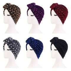 Glitter Flower Jacquard Turban Cap Solid Knotted Hijab Head Wraps