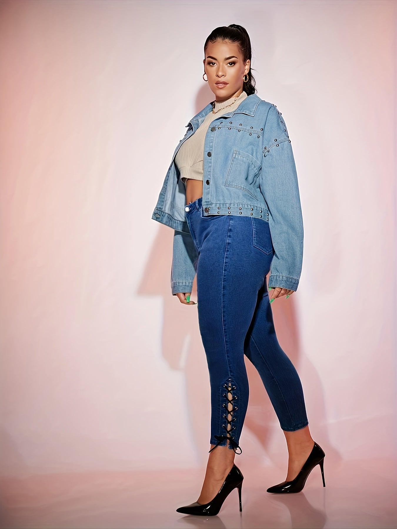  Lace Up High Waisted Skinny Denim Pants