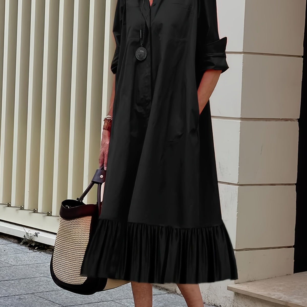  Solid Button Up Long Sleeve Shirt Dress