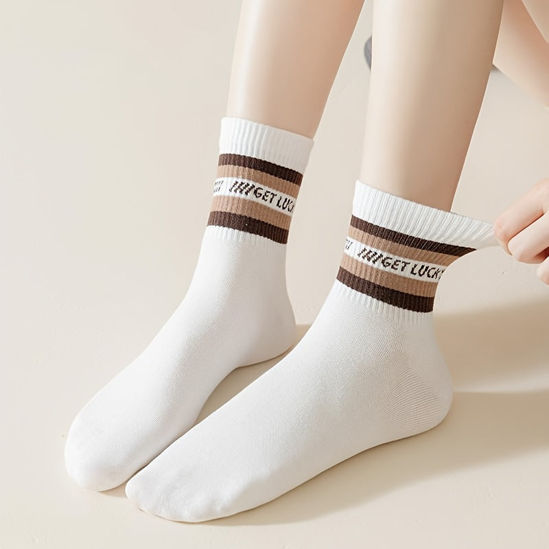 5 Pairs Letter & Striped Print Socks Comfy & Breathable Women's Stockings