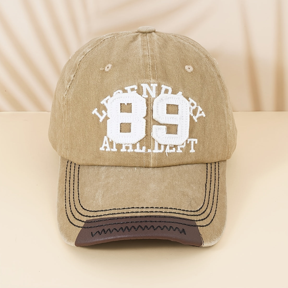 Distressed Baseball Cap with Leather Patch Embroidery