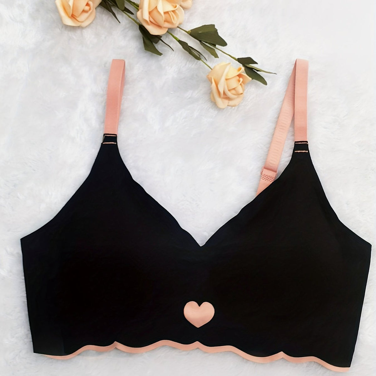 Heart Print Wireless Bra Comfy & Soft Scallop Trim Everyday Bra
