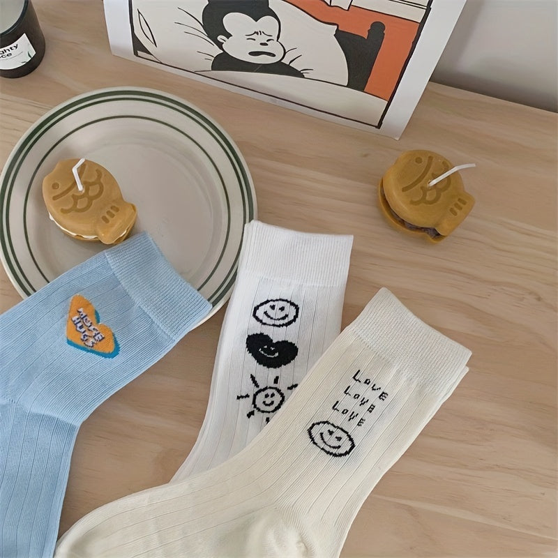 3 Pairs Letter & Smiling Print Socks College Style Women's Stockings