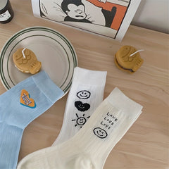 3 Pairs Letter & Smiling Print Socks College Style Women's Stockings