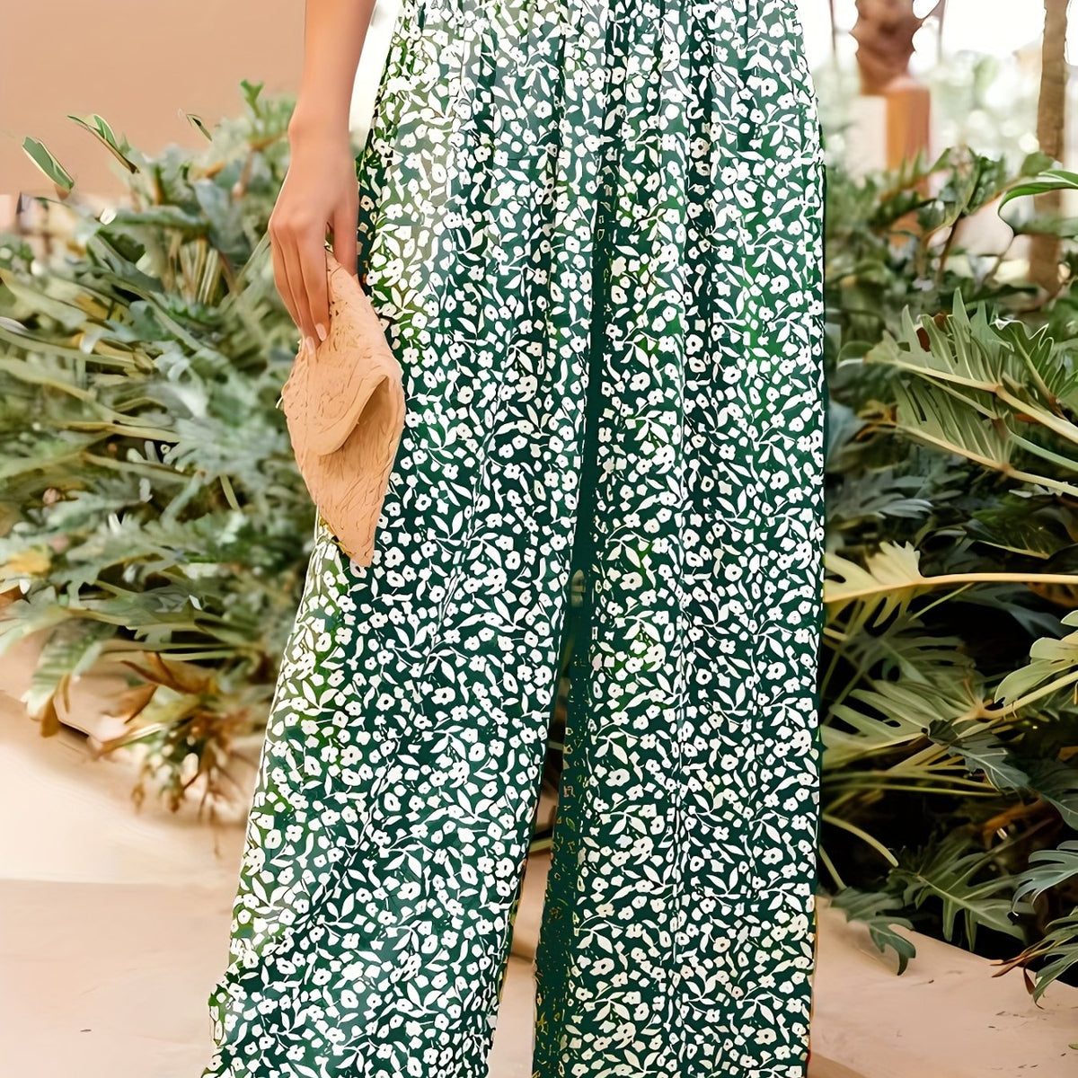 Ditsy Print Smocked Waist Wide Leg Pants for Women