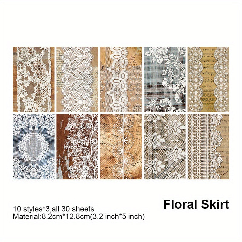30 Pcs Vintage Lace Scrapbooking Supplies Journaling Paper DIY Junk Planner