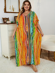  Rainbow Striped Batwing Sleeve Beachwear Kaftan Dress