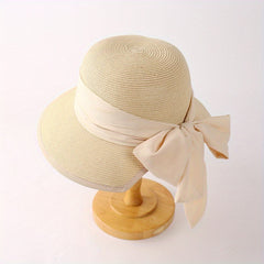 Bowknot Ribbon Sun Hat Wide Brim UV Protection Straw Hats Classic Summer