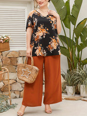 Floral Print Top & Wide Leg Pants Set Plus Size