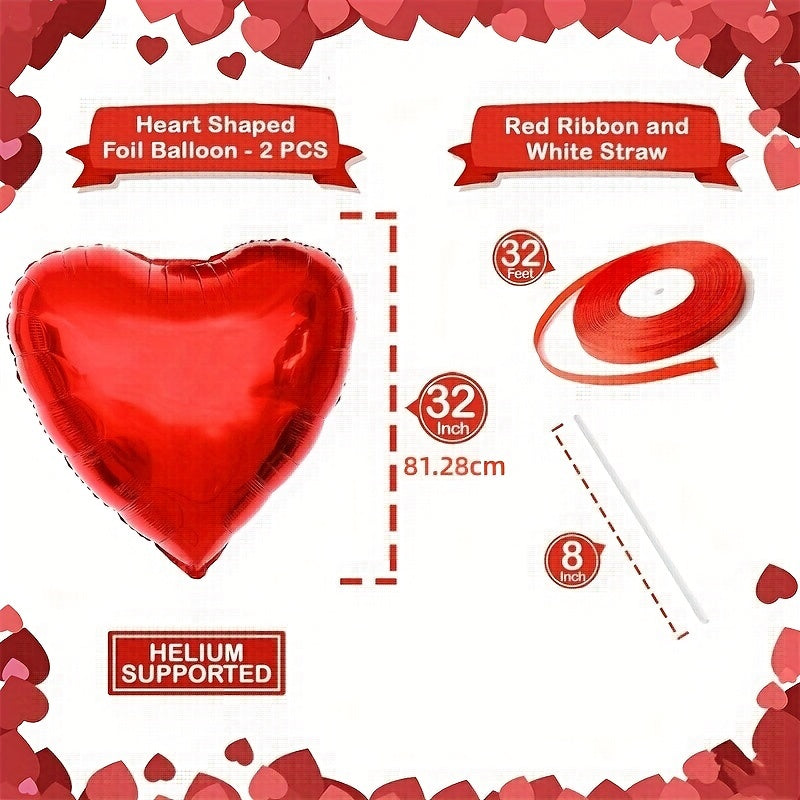 2pcs Giant 81cm Red Heart Balloons Set with Ribbon and Straw