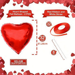 2pcs Giant 81cm Red Heart Balloons Set with Ribbon and Straw