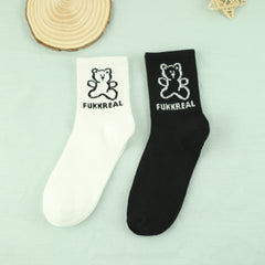 2 Pairs Cartoon Bear Print Socks Women's Comfy & Mid Tube Stockings