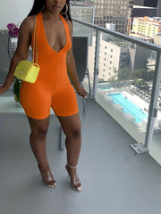Plunging Halter Neck Romper Sexy Solid Bodycon Summer Women's Clothing