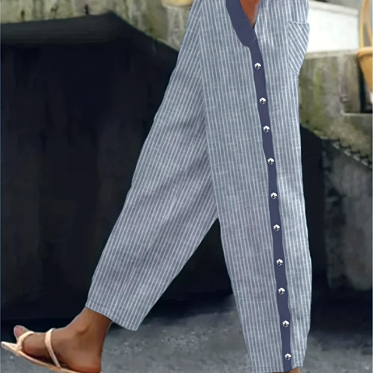  Stripe Print High Rise Loose Fit Trousers