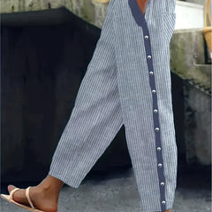  Stripe Print High Rise Loose Fit Trousers
