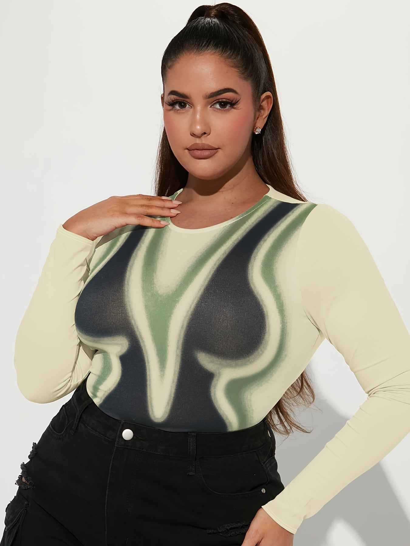 Sexy Bodysuit Women's Plus Body Print Long Sleeve