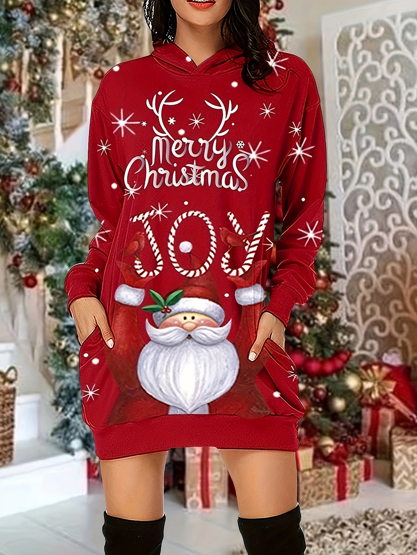  Christmas Casual Dress Women's Long Sleeve Hooded Dress With Pockets