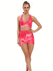 Honeycomb Tie Dye Yoga Set V Neck Sports Bra and Shorts