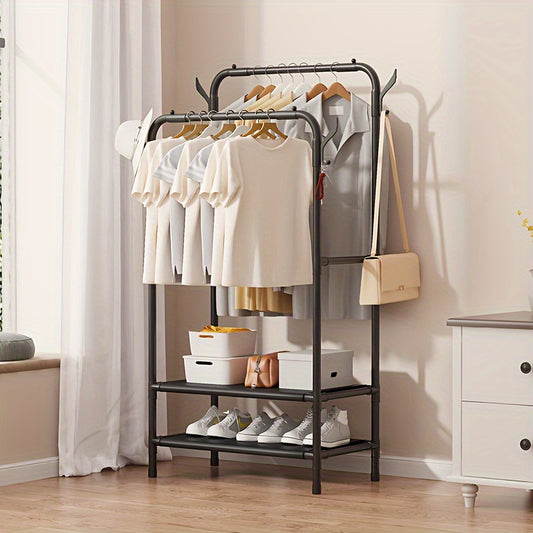 Double Rod Clothes Drying Rack With Hooks Standing Garment Clothes Rack