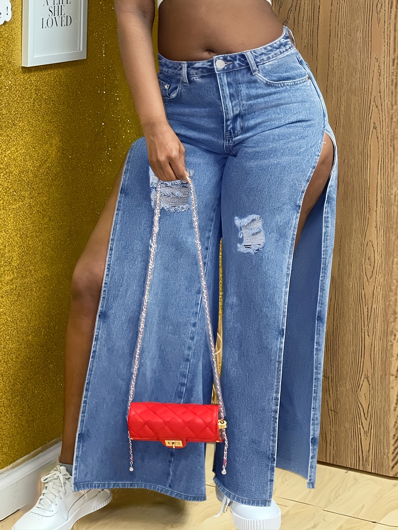 Loose Fit High Rise Denim Pants with Ripped Holes