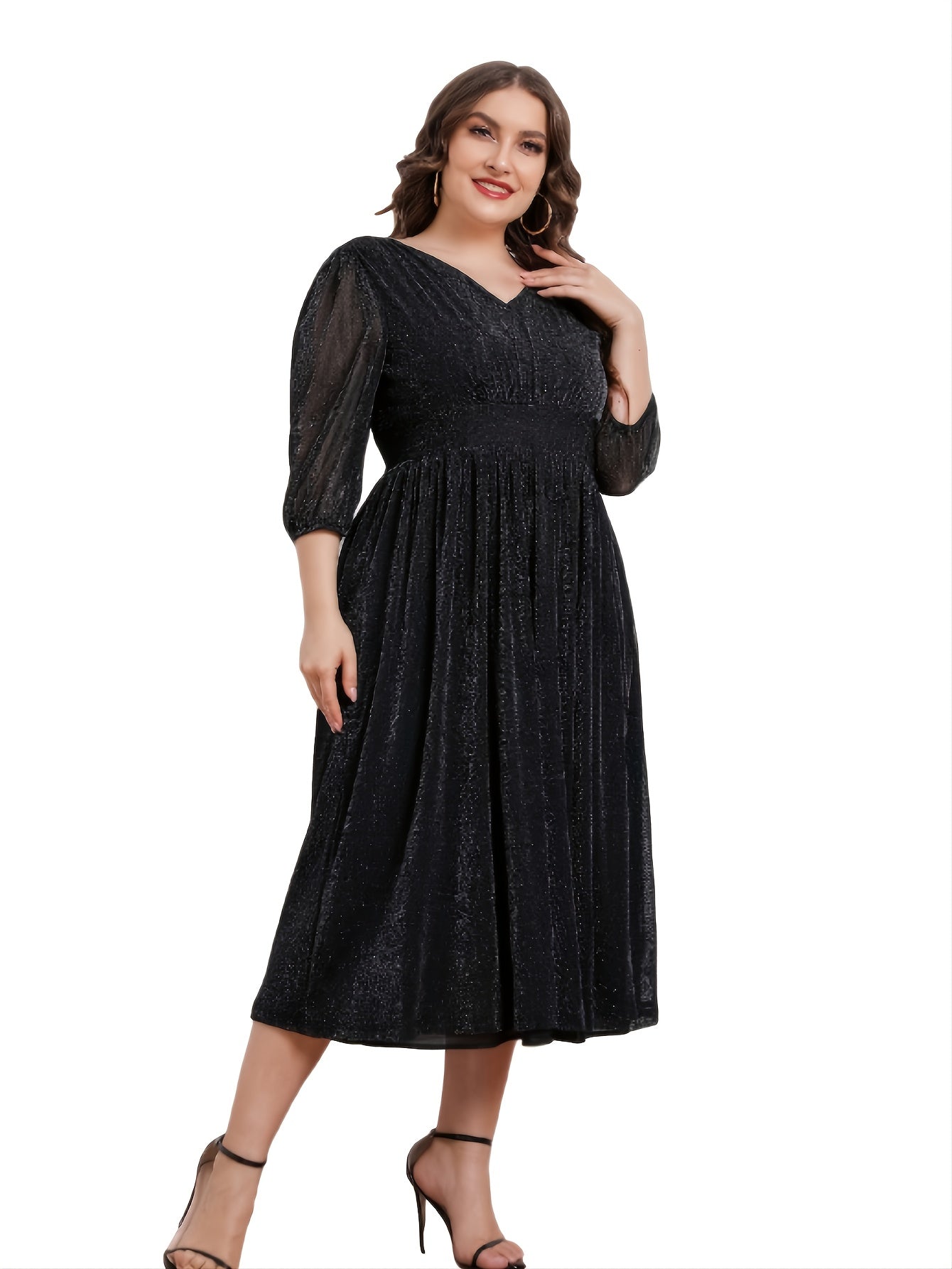 V Neck 3 4 Lantern Sleeve Midi Dress