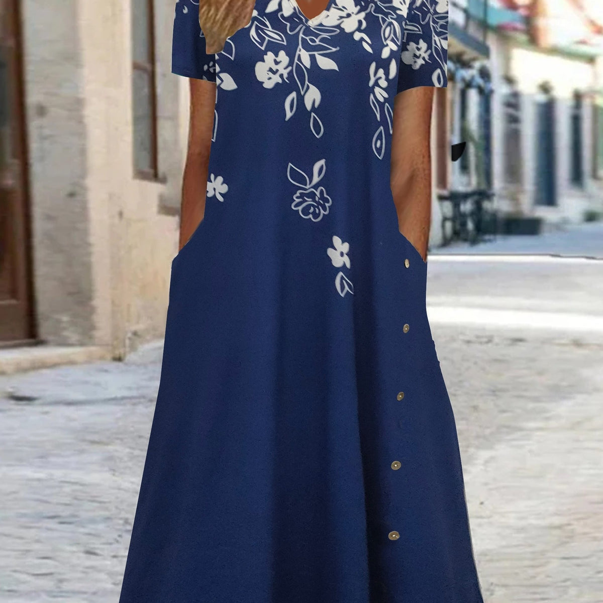  Women's Floral Print Short Sleeve Dress with Pockets