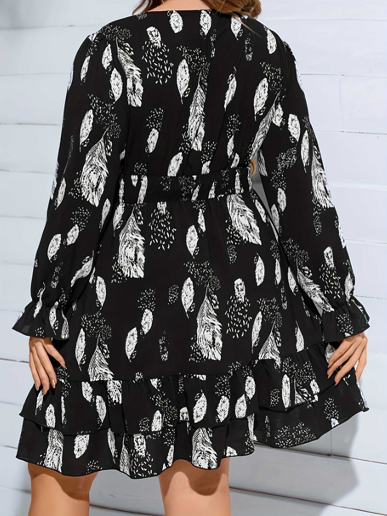  Feather Print Flounce Sleeve Mini Dress