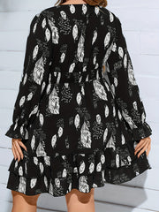  Feather Print Flounce Sleeve Mini Dress