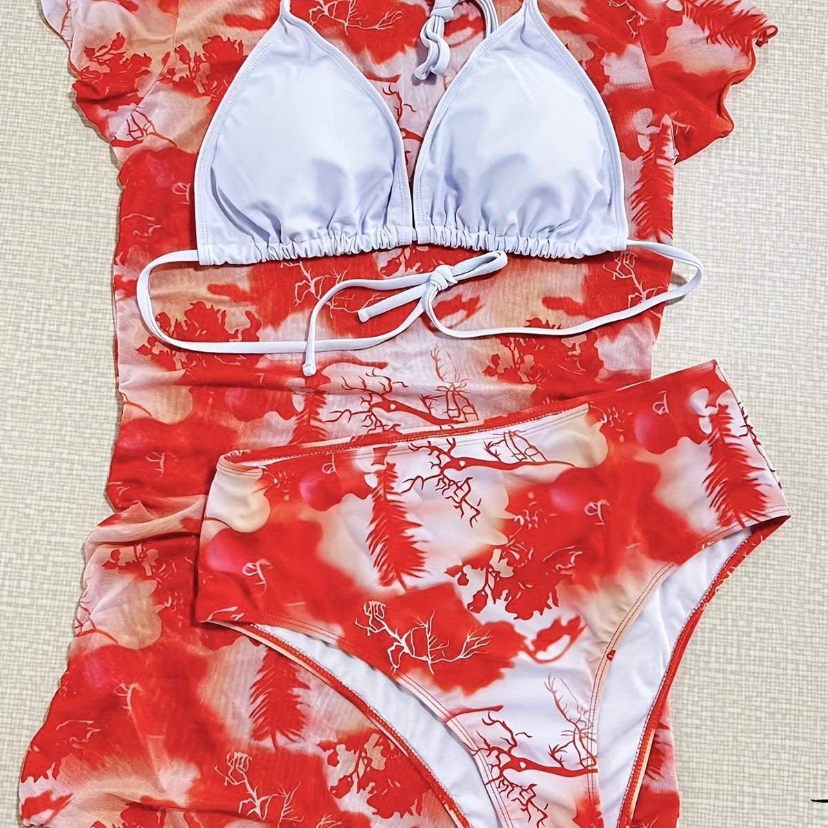  Halter Neck Tie Bra & Panty & Cover Up Swimsuit Set