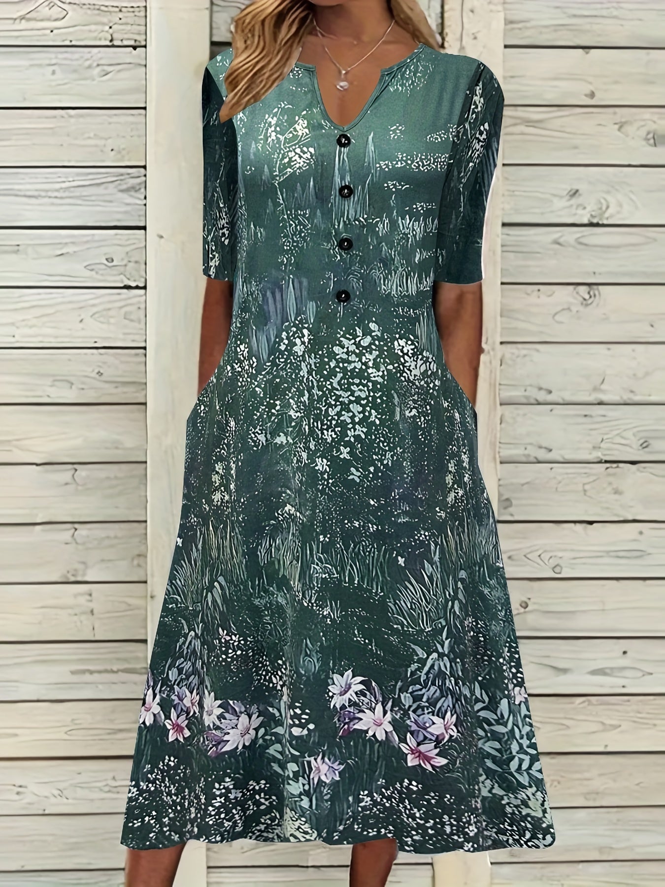 Women's Plus Floral Print Button Decor Short Sleeve Notched Neck Dress