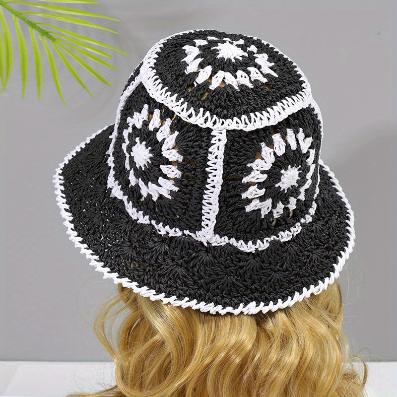 Women's Hollow Straw Bucket Sun Hat for Outdoor Travel Beach