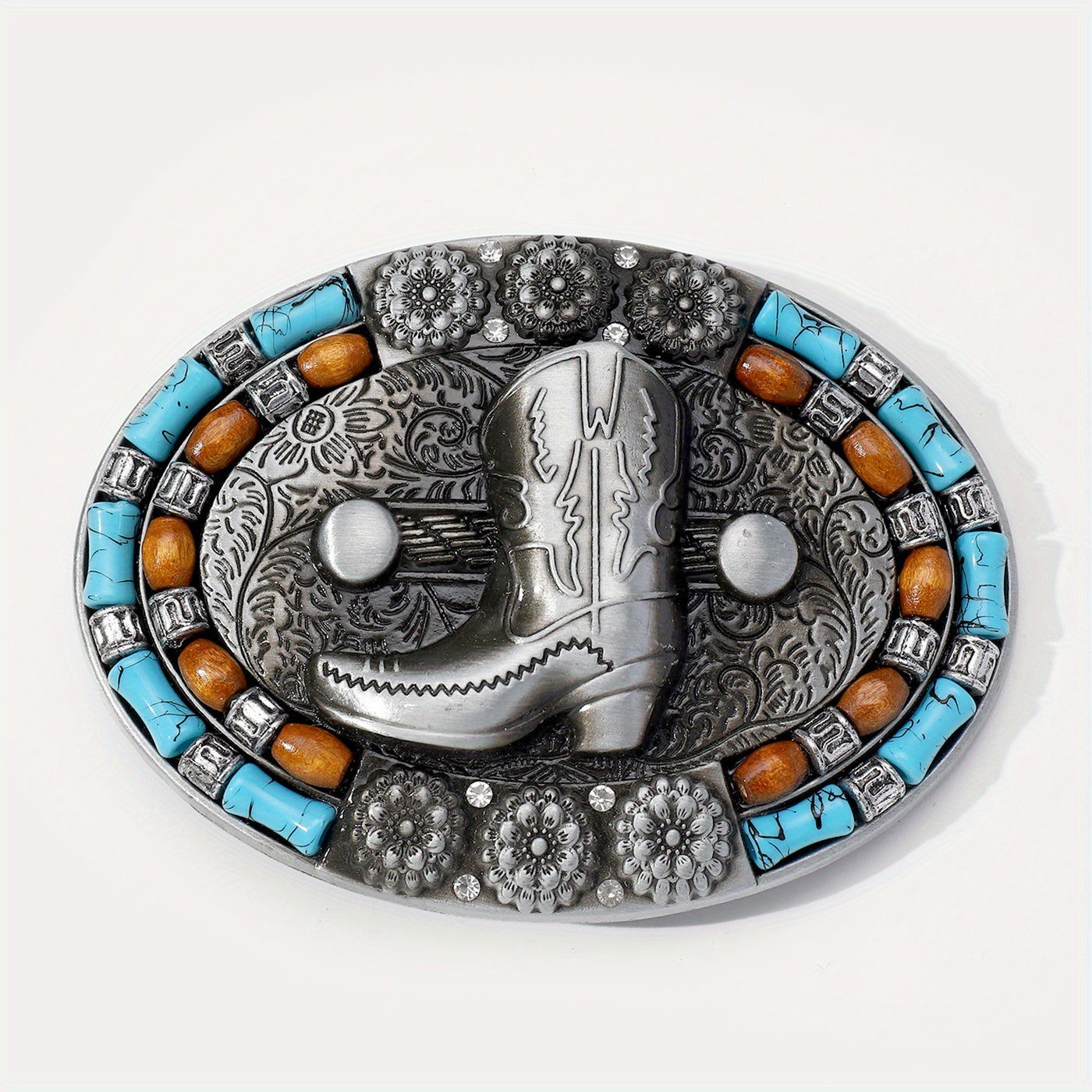 Boho Turquoise Beads Inlaid Belt Buckle Cowboy Boots Pattern Engraved Vintage