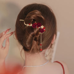 Red Plum Flower Hairpin Pearl Tassel Twist Clip Updo Clip
