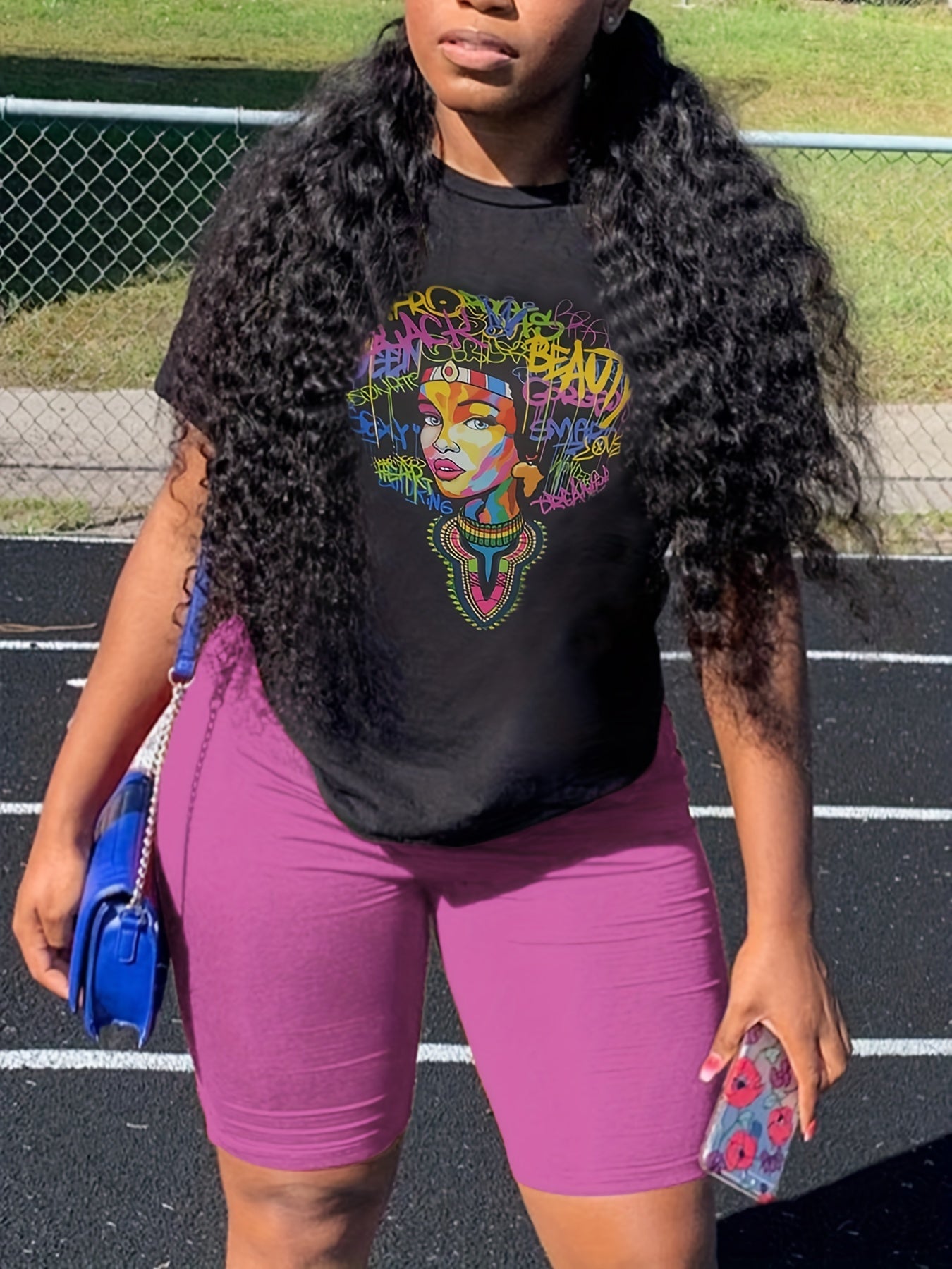  Cartoon Figure & Letter Print Top & Shorts Outfit