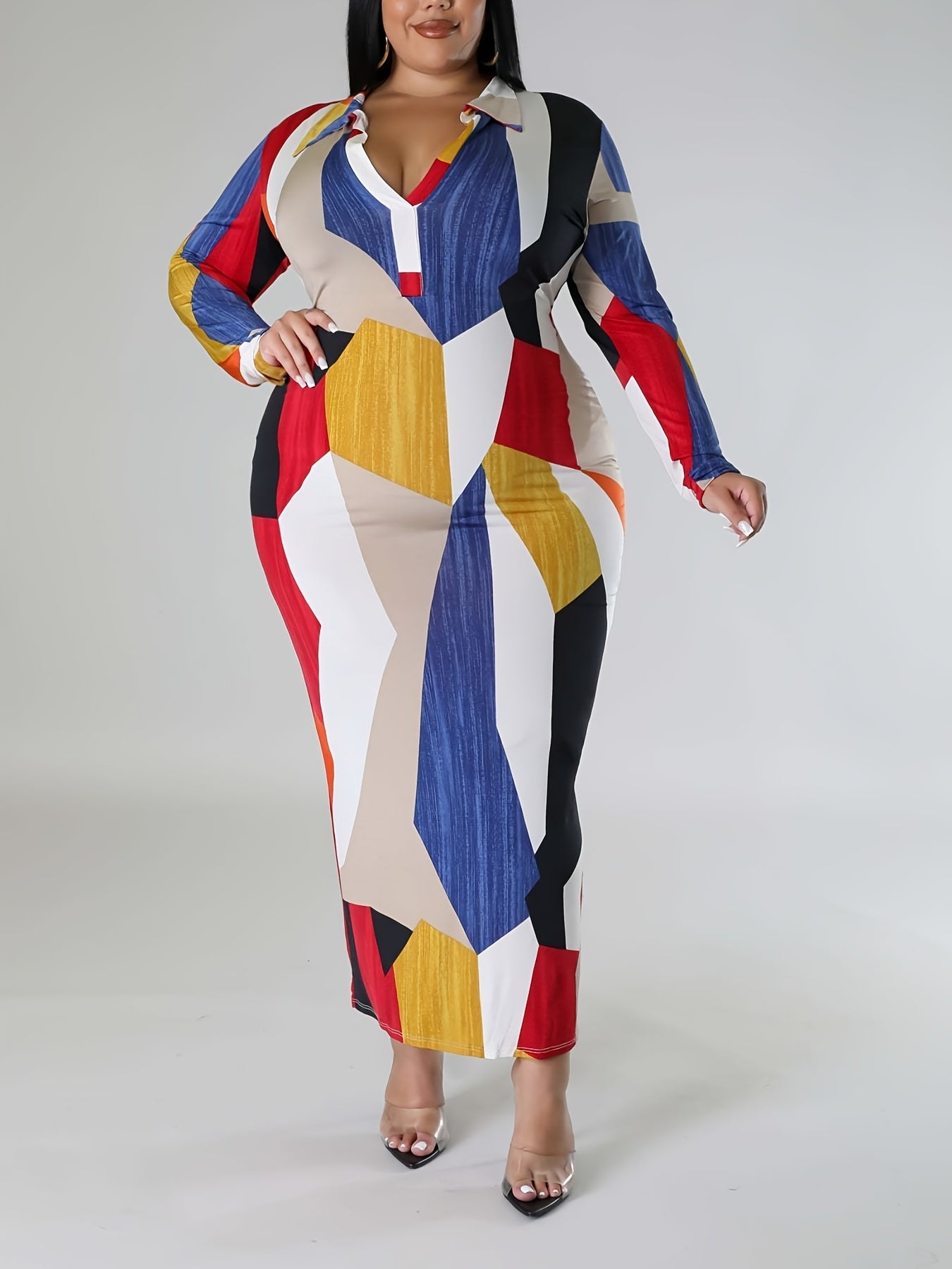  Geometric Print Bodycon Midi Dress