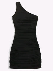 Y2K Solid One Shoulder Dress Bodycon Ruched Sleeveless Dress